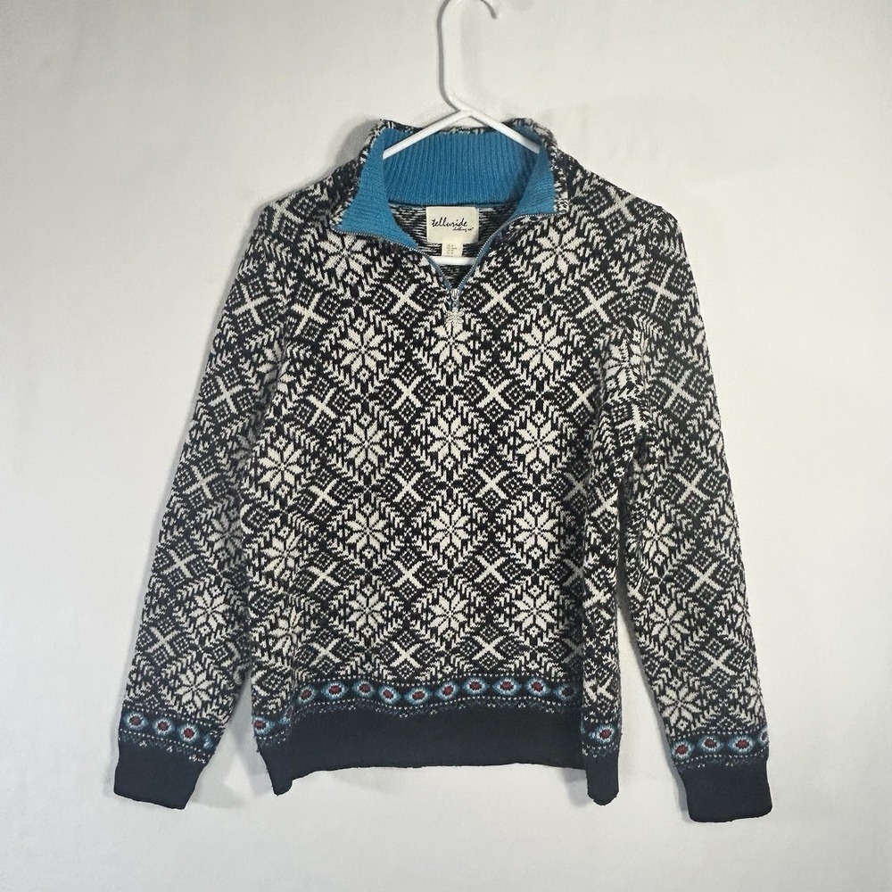 Telluride Clothing Co. Lambswool Alpaca Snowflake Sweater Quarter Zip Blue Black
